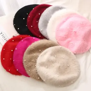 9 color Wholesaler Beret Female Winter Hats with pearl Custom logo wool beret cap crochet