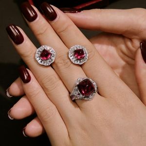 Dylam Stylish Ruby Gemstone Diamond Women 925 Sterling Silver Rhodium Plated <b>Red</b> Sugar-loaf Cut 5A Zirconia Stud <b>Earrings</b> - Product Image 2