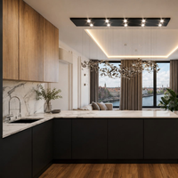 Meuble de cuisine moderne de luxe en bois sur mesure avec îlot en quartz, machine à laver intégrée, design sans poignée, accessoires à fermeture douce, en forme de L