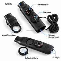 Sifflet de survie multifonction portable antichoc 7 en 1 avec lampe torche LED, boussole, thermomètre, réflecteur, miroir grossissant