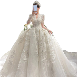 فستان زفاف فاخر للعرائس ثوب رئيسي رقبة حرف V أكمام طويلة ثوب كرة مقاس كبير صغير للنساء الحوامل البدينات - Product Image 1