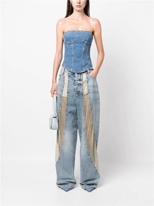 Pantalones de mujer de cintura alta y pierna ancha, vaqueros con diseño de rejilla hueca, perforaciones láser y diamantes incrustados, con lavado sostenible - Product Image 6