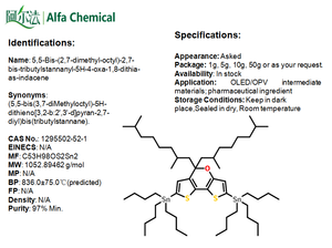 CAS: 1295502-52-1 | Nome: 5,5-Bis-(2,7-dimetil-ottile)-2,7-bis-tributylstannanyl-5H-4-oxa-1, 8-ditia-as-indacene - Product Image 3