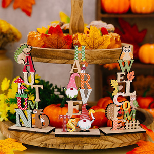 Ornement en bois de bienvenue pour l'automne, motif animal de dessin animé et lettre, décoration de table style campagnard, en buis - Product Image 2