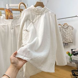 Cotton Linen Stand Collar Long Sleeve Shirt With Chinese Knot Buttons Solid Color Mid Length For Spring Autumn Everyday Wear - Product Image 2