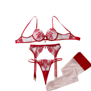 Ensemble de lingerie de Noël sexy et séduisant, soutien-gorge à bijoux, ceinture, string, 3 pièces avec bas, lingerie transparente pour la Saint-Valentin - Product Image 6