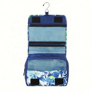 Women Custom Designer Blue Floral Zipper Foldable Large Capacity Travel Toiletry Makeup Cosmetic Bag With Hanging <b>Hook</b> - Product Image 3