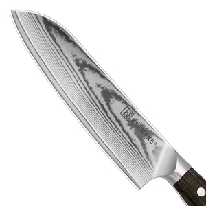 Couteau Santoku KEEMAKE 7 pouces en acier Damas, motif sable fluide, ultra-affûté, ambidextre, écologique, finition brossée, manche en bois Pakka - Product Image 2