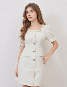 Elegante abito a collo quadrato a maniche a sbuffo da donna tessuto con elegante decorazione a bottone estivo 2025 moda asiatica negozio Online - Product Image 3