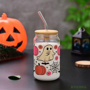 Halloween Ghost Skull Pumpkin Fall Cup 400ml-Gobelet en <span class=keywords><strong>verre</strong></span> effrayant <span class=keywords><strong>avec</strong></span> couvercle et <span class=keywords><strong>paille</strong></span>, cadeaux d'Halloween gothiques pour femmes et adolescents - Product Image 6