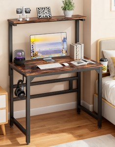 インダストリアルスタイルの2段式木製＆金属製コンピューターデスク（収納付き） - Product Image 4