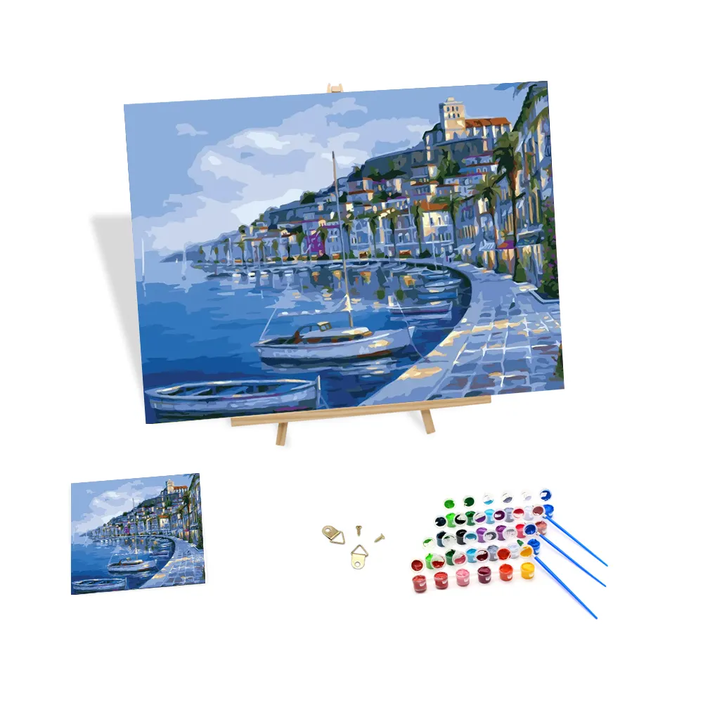 Lukisan gambar kota pantai Eropa dengan angka kit pemandangan kustom lukisan minyak Diy di dekorasi seni kanvas