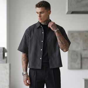 Camicia Streetwear con Logo Personalizzato DTG a Righe, Colletto Quadrato, Vestibilità Ampia, Ricamo, Camicia Casual Estiva da <span class=keywords><strong>Uomo</strong></span>, <span class=keywords><strong>Abbigliamento</strong></span> di Marca - Product Image 1