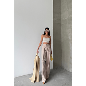 Pantalones de Mujer Color Beige, Cierre con Pliegues Anchos, Detalle de Solapa con Bolsillo, Cintura Elástica Transpirable, Talla XL - Product Image 3