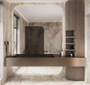 Meuble-lavabo de salle de bain moderne en MDF laqué, imperméable, avec double vasque en céramique, miroir avec éclairage tactile LED, armoire pour appartement - Product Image 2