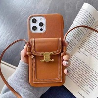 Étui de Téléphone en Cuir de Marque de Luxe avec Longue Sangle pour iPhone 16 15 14 13 12 Pro Max, Coque Populaire pour Femme avec Porte-Cartes
