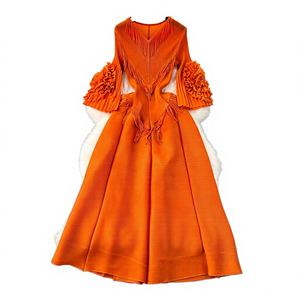 Vestido midi casual de fiesta con botones, bordado, cuello cerrado, manga larga, talla grande, tejido liso, primavera-verano - Product Image 3