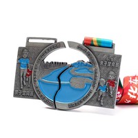Médaille de sport personnalisée en métal émaillé plaqué or, avec découpe 3D, pour marathon, avec ruban, logo personnalisé
