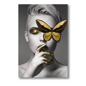 noir blanc photos chambre Suppliers-Toile d'art mural abstrait Sexy en noir et blanc, décoration murale avec papillon doré, Art de femmes à la mode