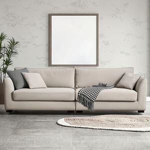 Canapé modulaire sectionnel en forme de L, capitonné, pour hôtel, appartement moderne ou villa, avec tissu en lin blanc, beige crème et pieds en bois - Product Image 5