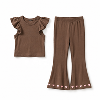 Ensemble de vêtements en coton côtelé pour filles de 2 à 10 ans, adolescents, avec pantalon évasé, imprimé décontracté à manches courtes, deux pièces