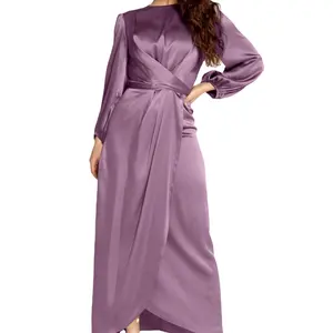 Vestido de satén de manga larga para mujer, vestido musulmán de cintura elegante y femenino, estilo americano y europeo, Dubái