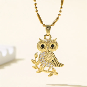 Elegante Collar con Colgante de Búho Chapado en Oro de 18K con Circonita Incrustada, Cadena de Pájaro y Bambú para Mujer, Joyería Diaria - Product Image 4