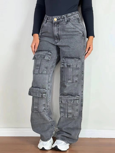 Jean évasé décontracté pour <span class=keywords><strong>femme</strong></span> 2026, respirant, délavé, style rétro, multi-poches, coupe large, pour l'hiver - Product Image 1