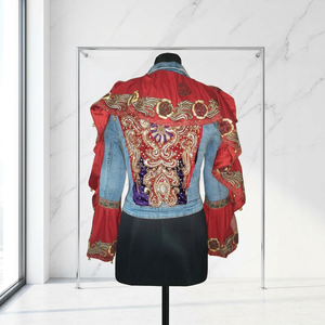 <b>Women's</b> Denim Trucker <b>Jacket</b> With Red Embroidered Cape Floral Pattern Turn-Down Collar Full Sleeve <b>Spring</b> Style - Product Image 5