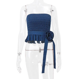Decorazione floreale Sexy in stile retrò <span class=keywords><strong>blu</strong></span> Denim con gilet a pieghe di reggiseno corto con Top canottiera in <span class=keywords><strong>pizzo</strong></span> - Product Image 4