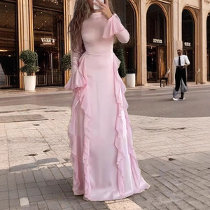 Robe de soirée pour femme, col rond, manches évasées, taille haute, asymétrique, couleur unie, blanc, bleu, noir, rouge, rose, fibre de polyester - Product Image 4