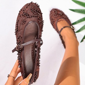 Single Buckle Strap Flats Mesh Floral Embroidery Pearl Beaded <b>Evening</b> Shoes - Product Image 3