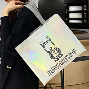 Sacola de presente não tecida laminada iridescente com logotipo personalizado sacola de compras holográfica para compras sacola de compras perolada a laser