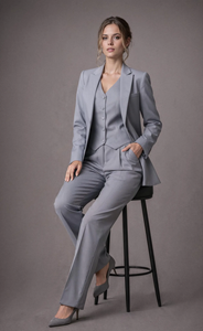 <b>Silver</b> Grey Terry Rayon Three Piece Pantsuit Elegant Tailored Blazer Vest and Trousers Set Premium Formal Office Wear Business - Product Image 4