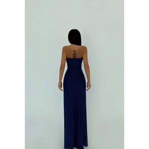 Navy Satin Polyester Strapless A-Line Party Dress <b>High</b> Collar Ruched Ruffled Natural Waist <b>Knee</b>-Length Simple for Summer - Product Image 1