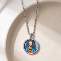 Collier pendentif avec image de Jésus peinte à la main sur pierre de lapis-lazuli, objet religieux, avec image de saint catholique, charme personnalisé