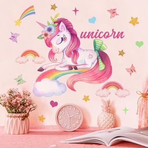 Autocollant mural <span class=keywords><strong>en</strong></span> PVC amovible et auto-adhésif, dessin animé <span class=keywords><strong>licorne</strong></span> <span class=keywords><strong>arc</strong></span>-<span class=keywords><strong>en</strong></span>-<span class=keywords><strong>ciel</strong></span> papillon étoiles, décoration de chambre à coucher et de salon - Product Image 3