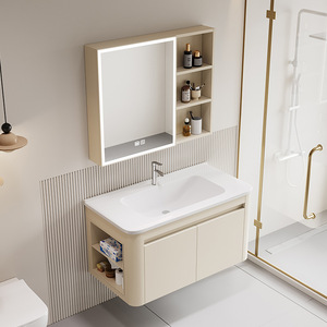 Ensemble de meuble-lavabo rectangulaire en MDF style crème tendance avec finition laquée, vasque en céramique murale et miroir intelligent - Product Image 3