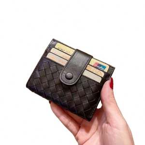 Leather Woven Short Shoulder-bag with Drawstring Closure and <b>Snap</b> <b>Fastener</b>. Lingerie Cowhide zero Wallet Cover. - Product Image 6