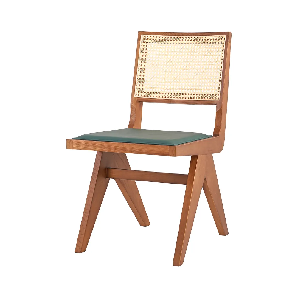 Los fabricantes Juncheng venden lotes calientes de ratán verdadero asiento acolchado de madera maciza sillas de comedor muebles de madera café Hotel