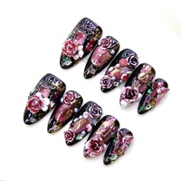 Lot de 10 faux ongles à presser en acrylique, forme cercueil, avec base noire, motif 3D rose rouge et papillon en strass, réutilisables, couvrance totale, vente en gros