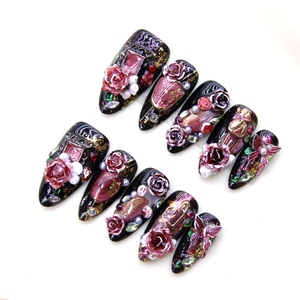 10 Uds. <span class=keywords><strong>Uñas</strong></span> Postizas <span class=keywords><strong>Acrílicas</strong></span> Reutilizables <span class=keywords><strong>con</strong></span> Base Negra, Diseño 3D de <span class=keywords><strong>Rosa</strong></span> Roja y Mariposa <span class=keywords><strong>con</strong></span> Diamantes de Imitación, Cobertura Completa, Venta al por Mayor - Product Image 1