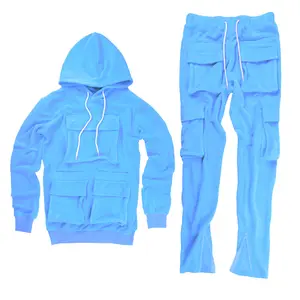 Fall and Winter Streetwear Fleece 2 Piece Set Men Cargo Tracksuits Pockets Long Pants And Hoodie Jogging Suits For Men