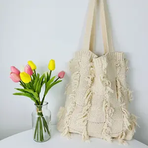 2023 Chic Fashion Customized Crochet Tote Handbag Macrame Boho Knitted Fabric Cotton Textured Shoulder Bag