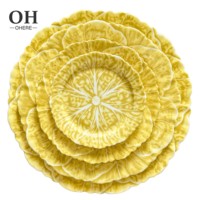 Assiette de présentation en céramique jaune colorée motif chou, assiette de dîner de luxe pour mariage, service de table en porcelaine fine à motif floral en relief pour événements et location