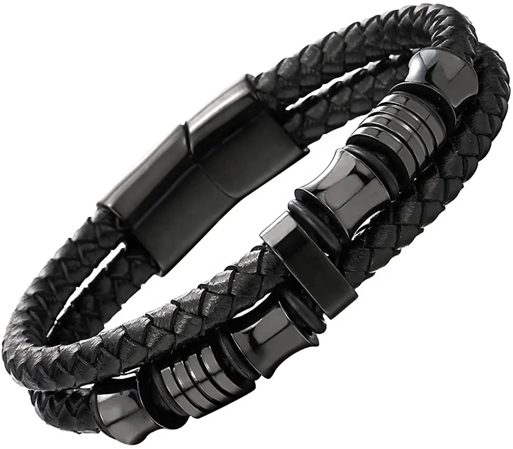 Double-Row Black Braided Leather Bracelet Bangle Wristband with Black Stainless Steel Ornaments For Men