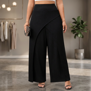High Waisted Asymmetric Knitted Wide Leg Pants <b>Summer</b> Black Full Length Loose Fit Breathable Minimalist Style Women's <b>Trousers</b> - Product Image 1