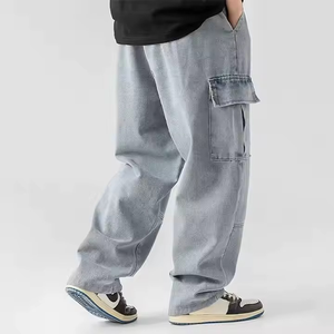 Wholesale Custom Men's High Waist Vintage Baggy Cargo <b>Jeans</b> Street Fashion Multi-Pocket <b>Work</b> Denim Straight Style Washed Look - Product Image 2