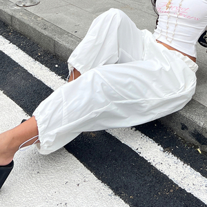 Basic Solid Color Breathable Eco-Friendly Spandex/Polyester Canvas Mid Waist Loose Fit Cuffed Drawstring Knee Length Pants - Product Image 3