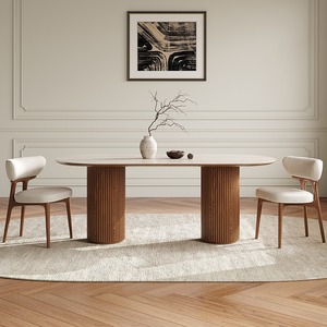 Table à manger en bois massif <span class=keywords><strong>de</strong></span> style rétro français avec plateau en pierre <span class=keywords><strong>de</strong></span> grotte <span class=keywords><strong>de</strong></span> style crème, 6 chaises en noyer pour le salon - Product Image 2